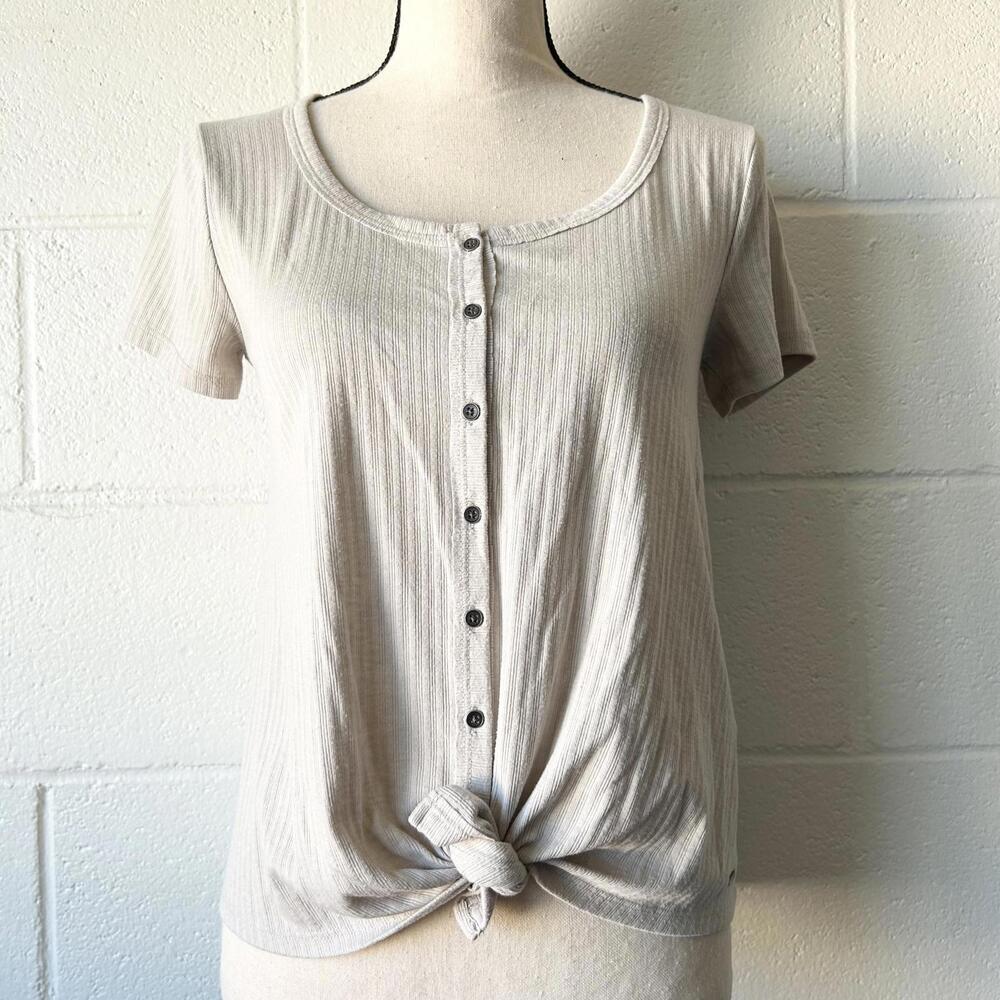 Hollister Co. Cream Ribbed Front Tie Button Up Oversized T-Shirt Women’s XS
